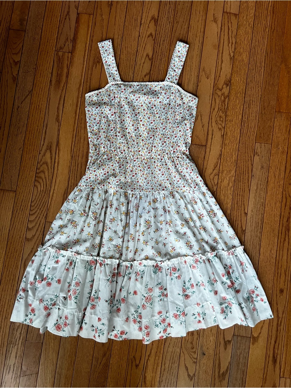 Vintage Tiered Sundress White with Pink & Green Floral 1970s